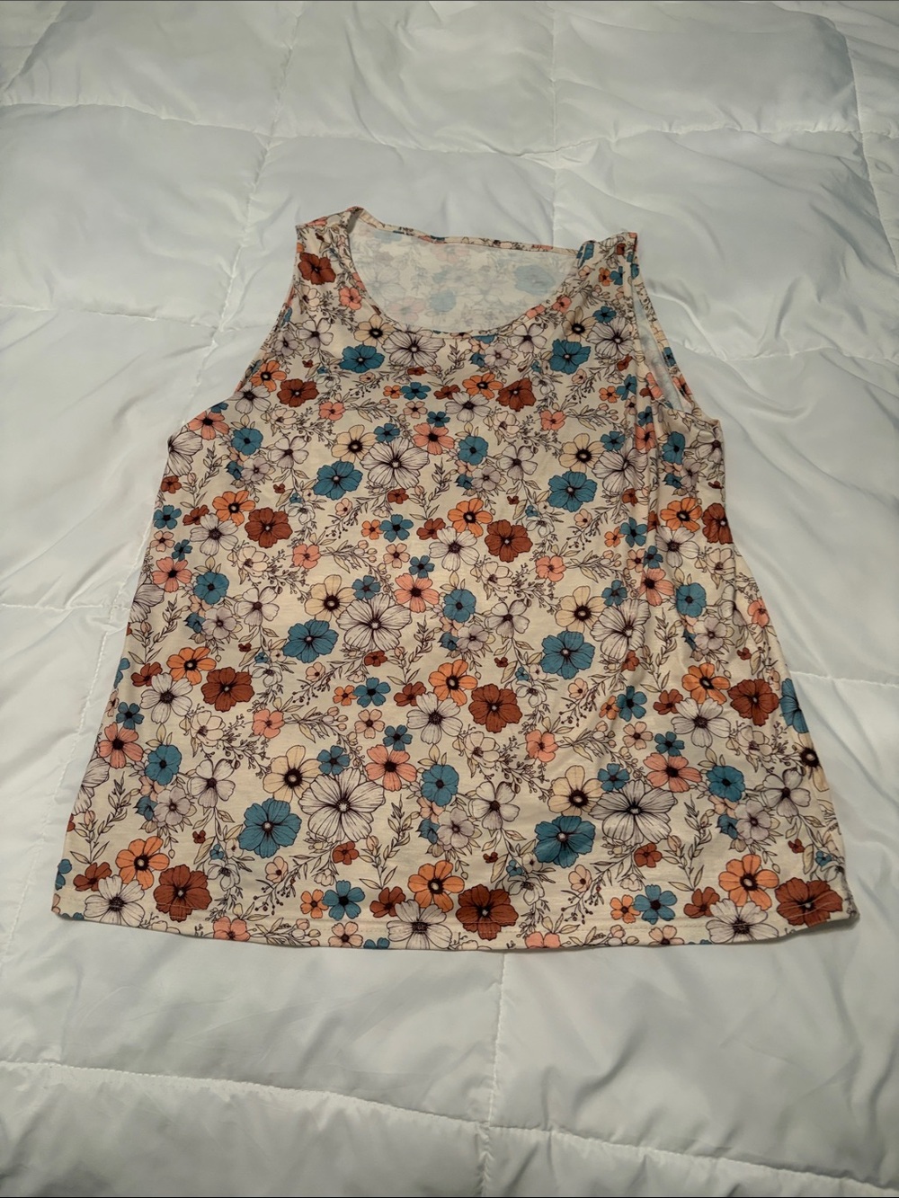 Floral Print Sleeveless Tank Top - Cream with Blue & Brown FlowersT